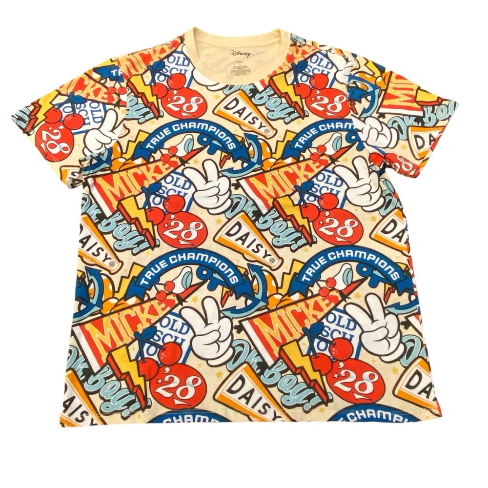 Disney All Over Print Short Sleeve T-Shirt - True Champions Mickey Daisy ‘28 NEW